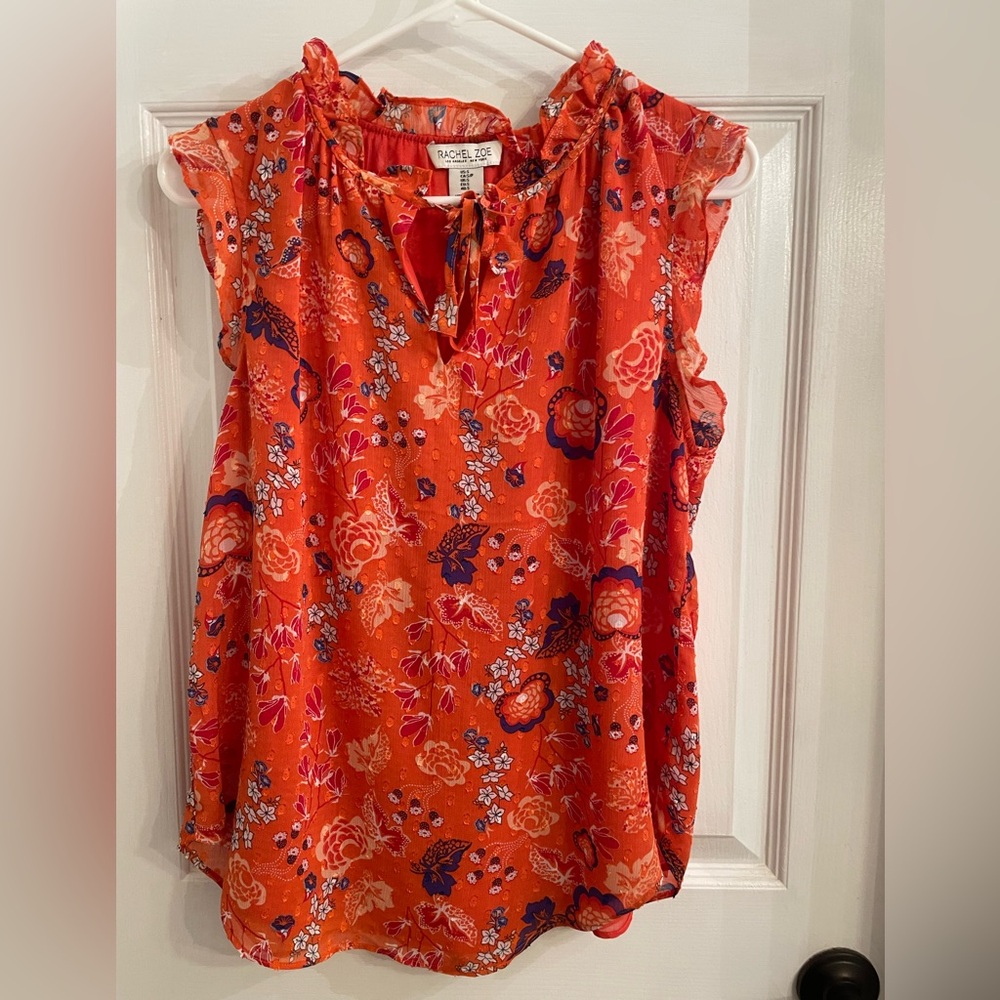 Rachel Zoe orange floral ruffle sleeveless blouse